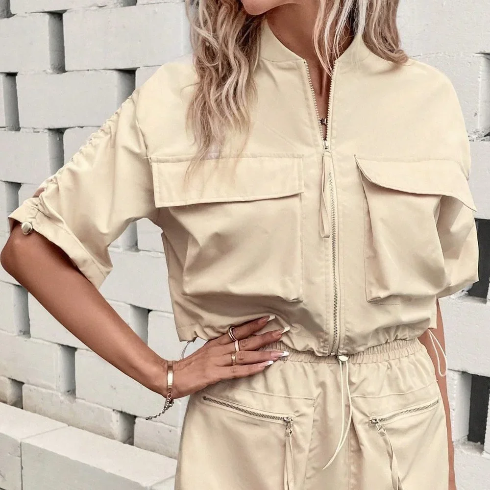 Khaki Casual Womens Flap Pocket Drawstring Hem Jacket & Skirt - Picture 5 of 5